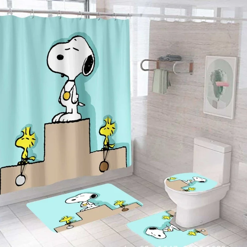 Snoopy Shower Curtain Printing Anime Waterproof Mildewproof Shower Curtain Set of Four Bath Creative Personality Shower Curtains