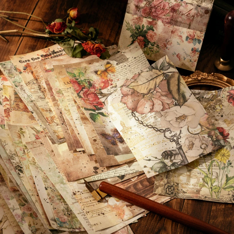 JIANQI 100 pcs Vintage material paper imitation book pages floral figures DIY Decoration hand made background material