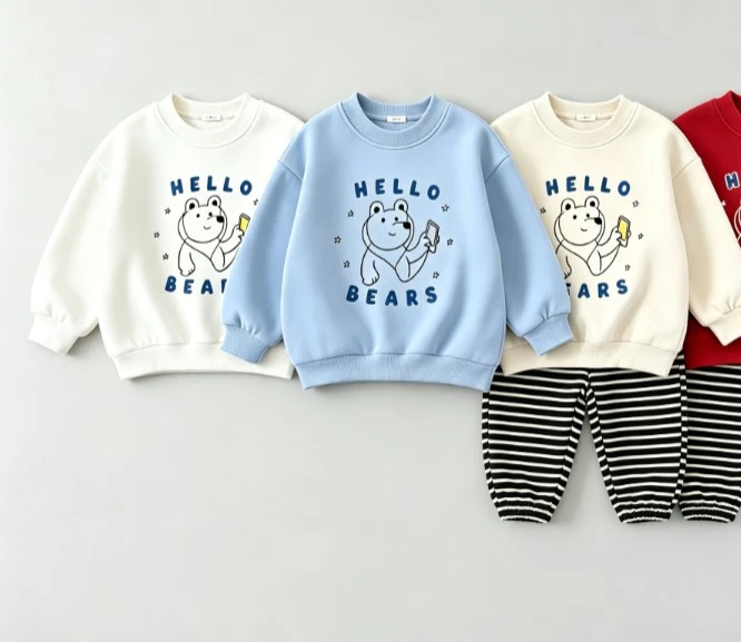 

Kids Basic Crewneck Sweatshirt With Hello Bears Cartoon Bear Print Soft Cotton Long Sleeve Tops Versatile Children Apparel Tops