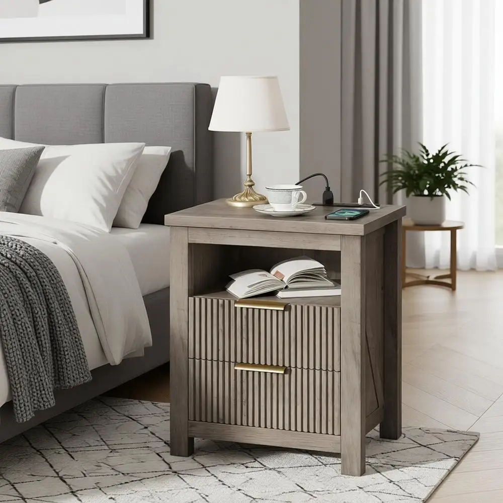 

Charging Station Nightstand, Luted End Table with Drawers, Paneled Armhouse Nightstands, Engineered Wood Side Table, Bedroom Gre