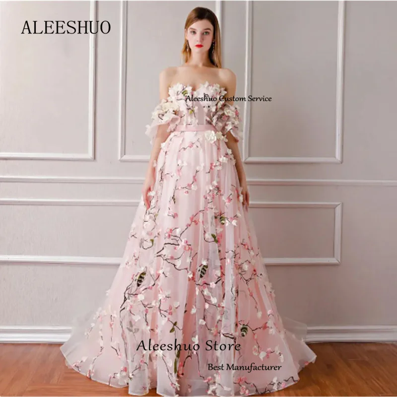 Aleeshuo gaun Prom A-line cantik gaun Formal bahu terbuka tanpa tali gaun malam Applique putri dresالanime