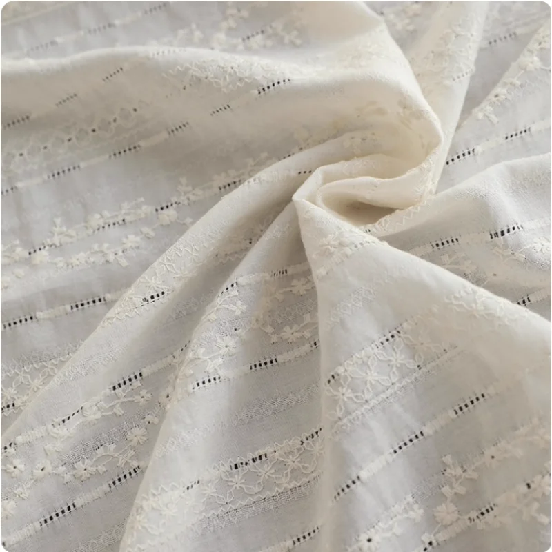 

Beige Cotton Fabric Embroidered Hollow Stripes Fabric For DIY Shirt Top Dress Women's Clothing Handmade Curtains Tablecloths