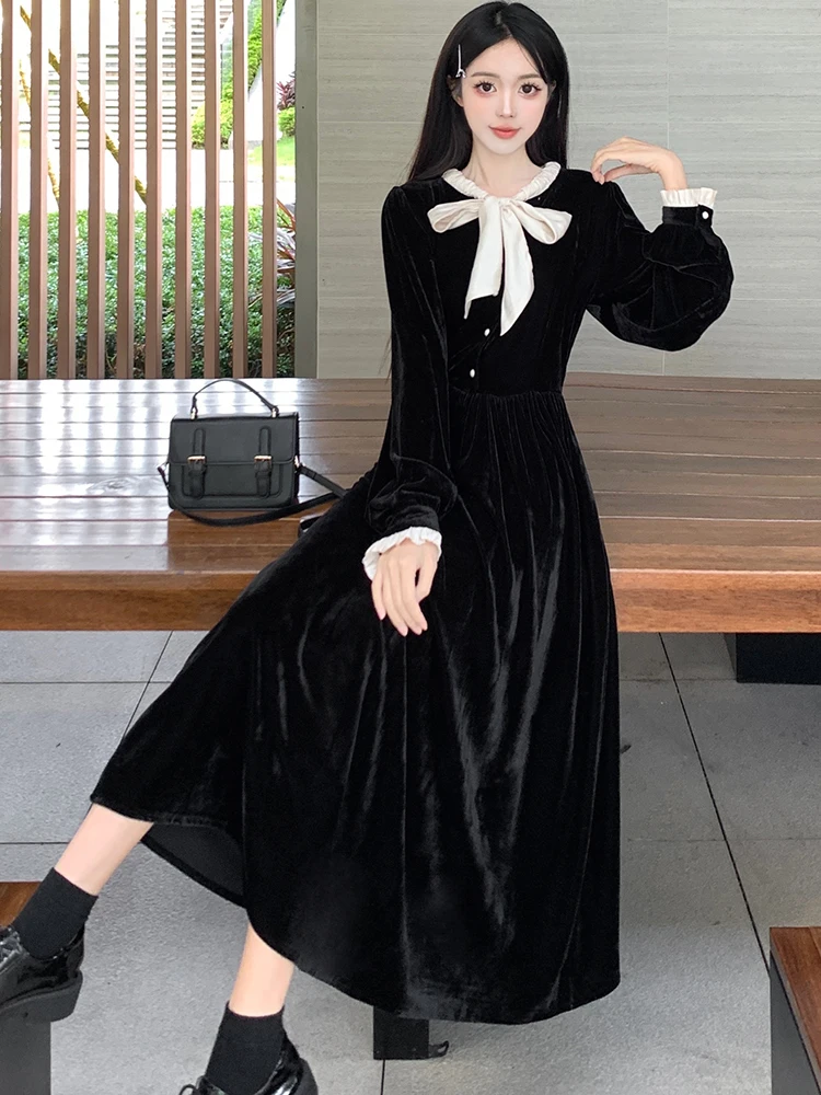 2024 Black Velvet Long Sleeve Chic Bow Collar Long Dress Korean Vintage Hepburn Women\'s Dress Gown Autumn Winter Elegant Dresses