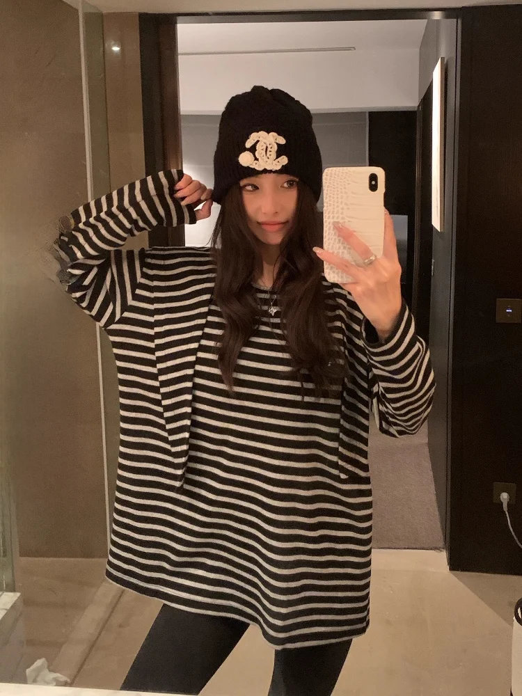 

EKOOL женская полосатая длинная футболка све, свободная посадка, круглая, Ne Base irt, повседневная, универсальная, утягивающая, на осень-зиму