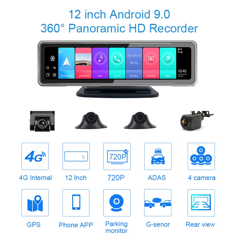 12” Android 9.0 WIFI GPS Navigation BT ADAS 4 cameras 4G Car Mirror Rear Camera Video Recorder 4 Channel Dash Cam Car Dvr