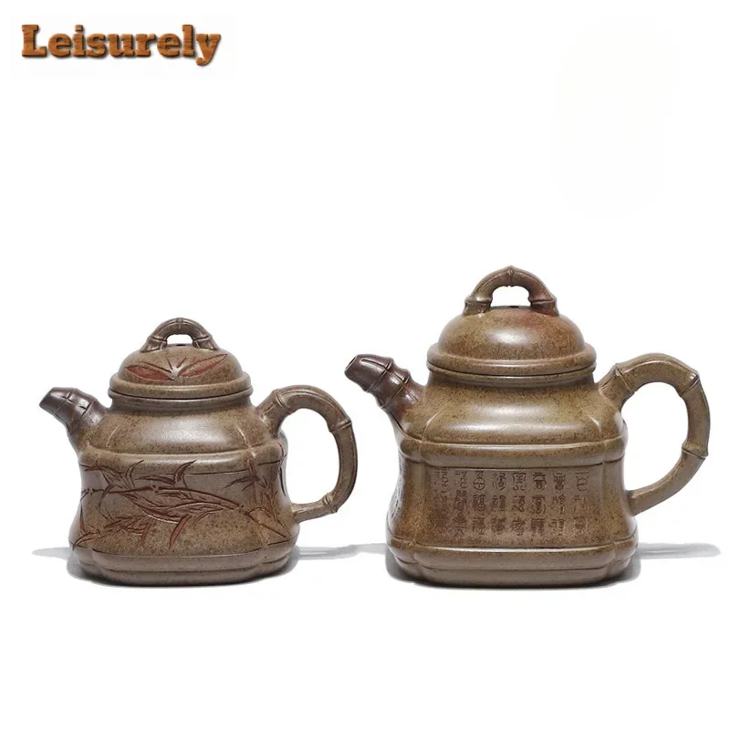 

Classic Yixing Purple Clay Teapots Handmade Square Bamboo Tripod Pot Raw Ore Agilawood Mud Kettle With Infuser Zisha Teaset Gift