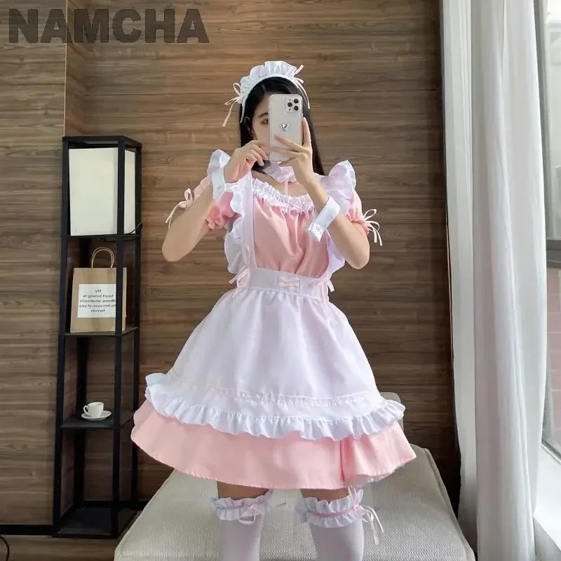 Black cute lolita dress for women girls sweet lovely pink maid outfit cosplay costume anime Halloween clothing suit 2024