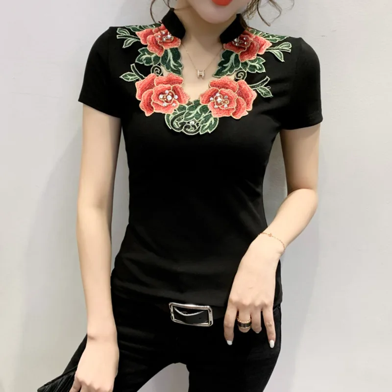 #7120 Black Red Vintage Casual T Shirt Women Chinese Style Embroidery Flower Women's T Shirt V-neck Basic T-shirt Femme Skinny