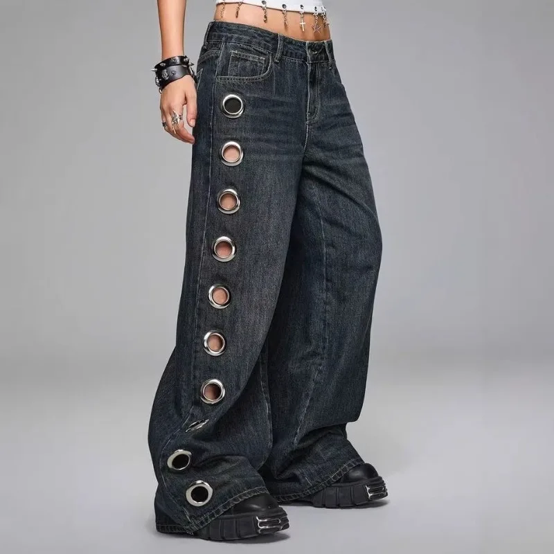 

pants Women Y2K European American Iron Ring Hole Wide Leg Jeans Loose Straight Fashion Denim Casual Streetwear Trendy Punk Daily