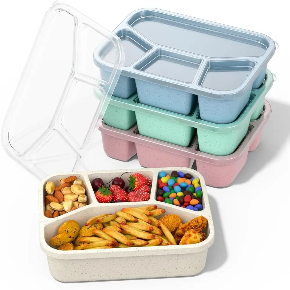 4 Compartments Kids Bento Box with Lids Reusable Stackable Snack Boxes Travel Snack Storage Lightweight Meal Prep Containers