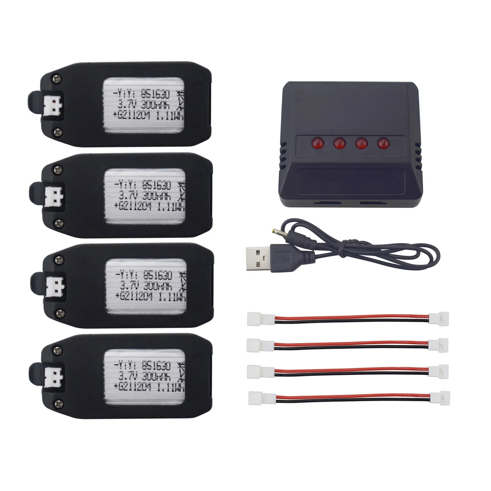 4PCS 3.7V 300mAh Lithium Battery With 4-in-1 Charger For NH330 RH821 Four Axis Aircraft,Remote Control UAV Battery Accessories