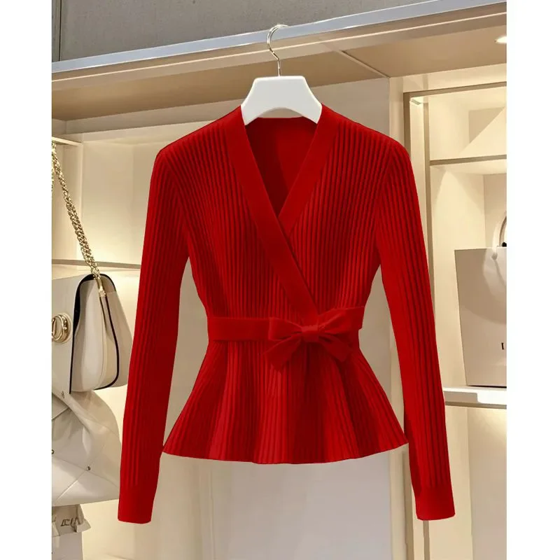 القوس محبوك سترة البلوز المرأة 2025 الخريف الشتاء مزاجه جديد الخامس الرقبة طويلة الأكمام تريكو معطف البلوز الإناث القمم W748 #5