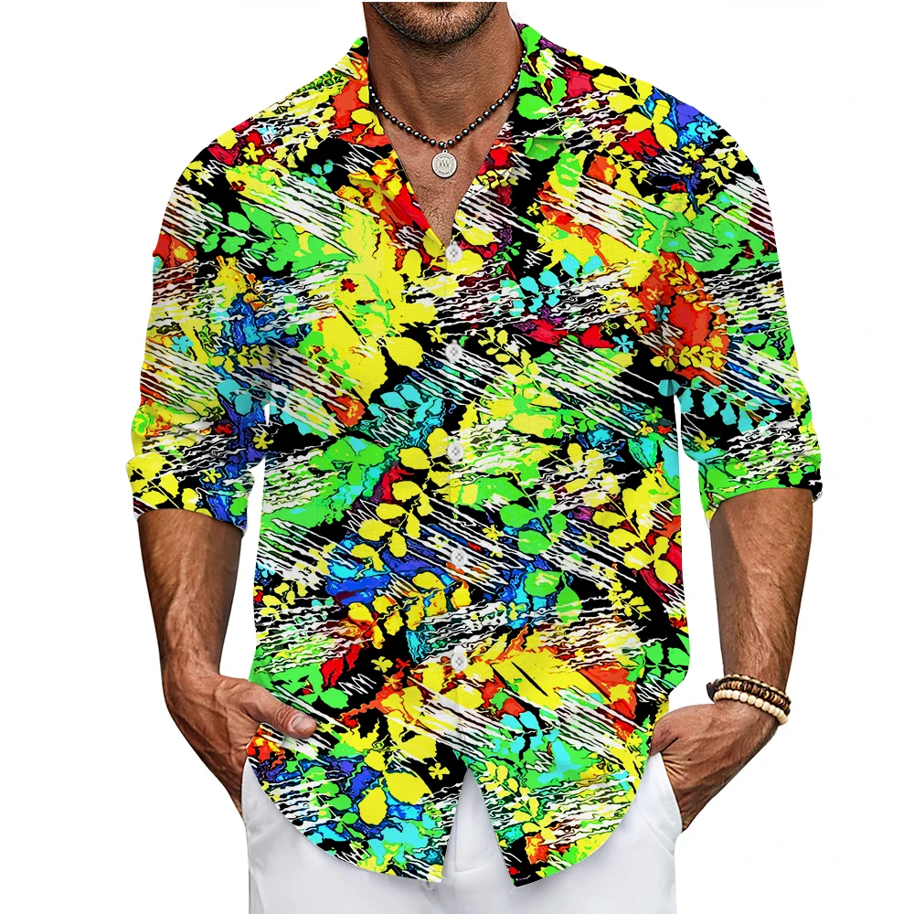 Mens Floral Graphic Long Sleeve Button Down Shirt Casual Leaf Printed Rainbow Pattern Women 3D Shirts With Pocket Shirts