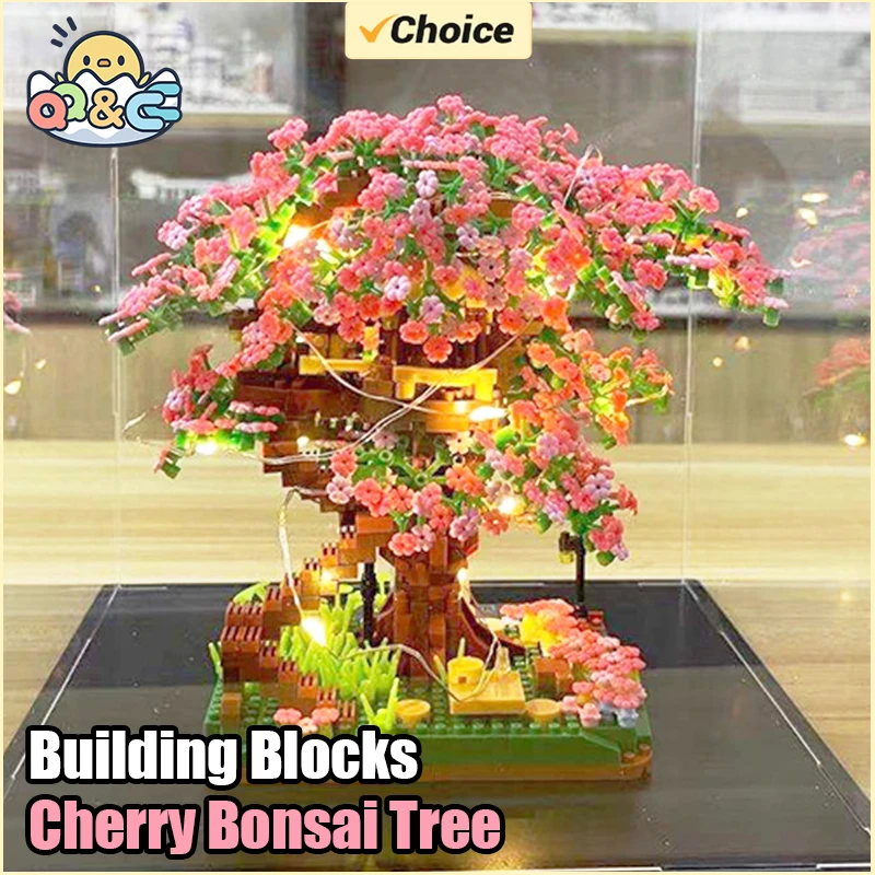 Juego de bloques de construcción de árbol bonsái de cerezo, ladrillos de plantas de flor de Sakura DIY con modelo de casa de árbol ligera, regalo romántico para novia