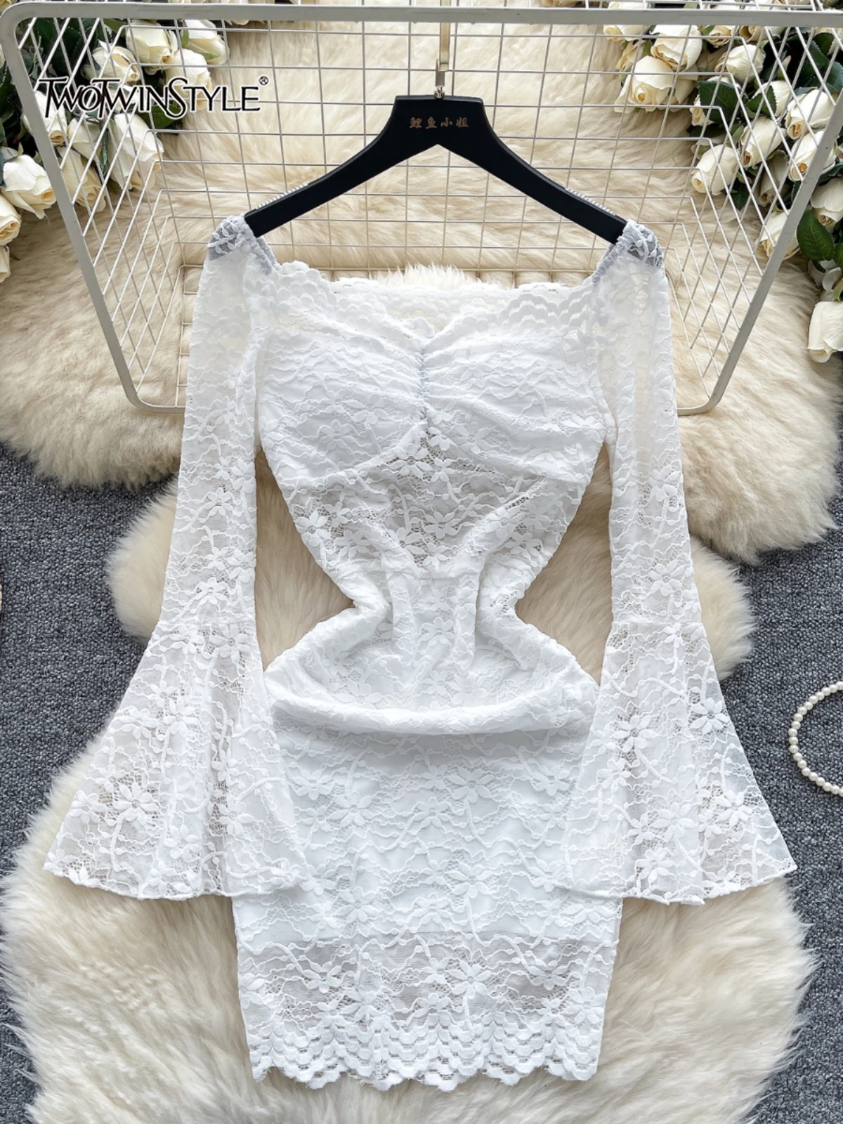 

TWOTWINSTYLE Solid Embroidery Elegant Dress for Women Slash Neck Long Sleeve High Waist Fashion Mini Dresses Female KDR522412