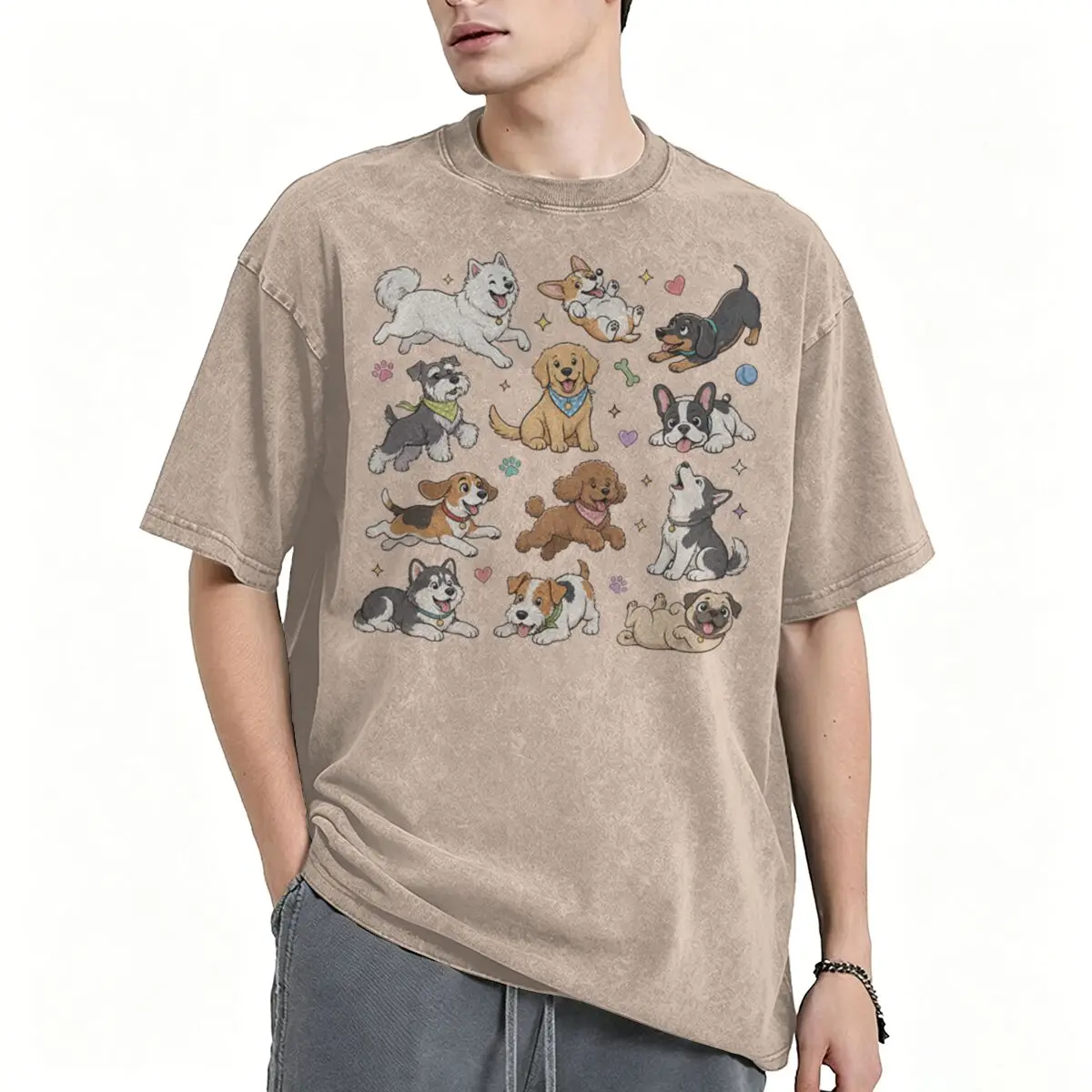 Anime Dog Print Washed T Shirts Men Women Cotton Tee Shirt Fashion Corgi Schnauzer Teddy Dachshund Hip Hop Short Sleeve T-shirt