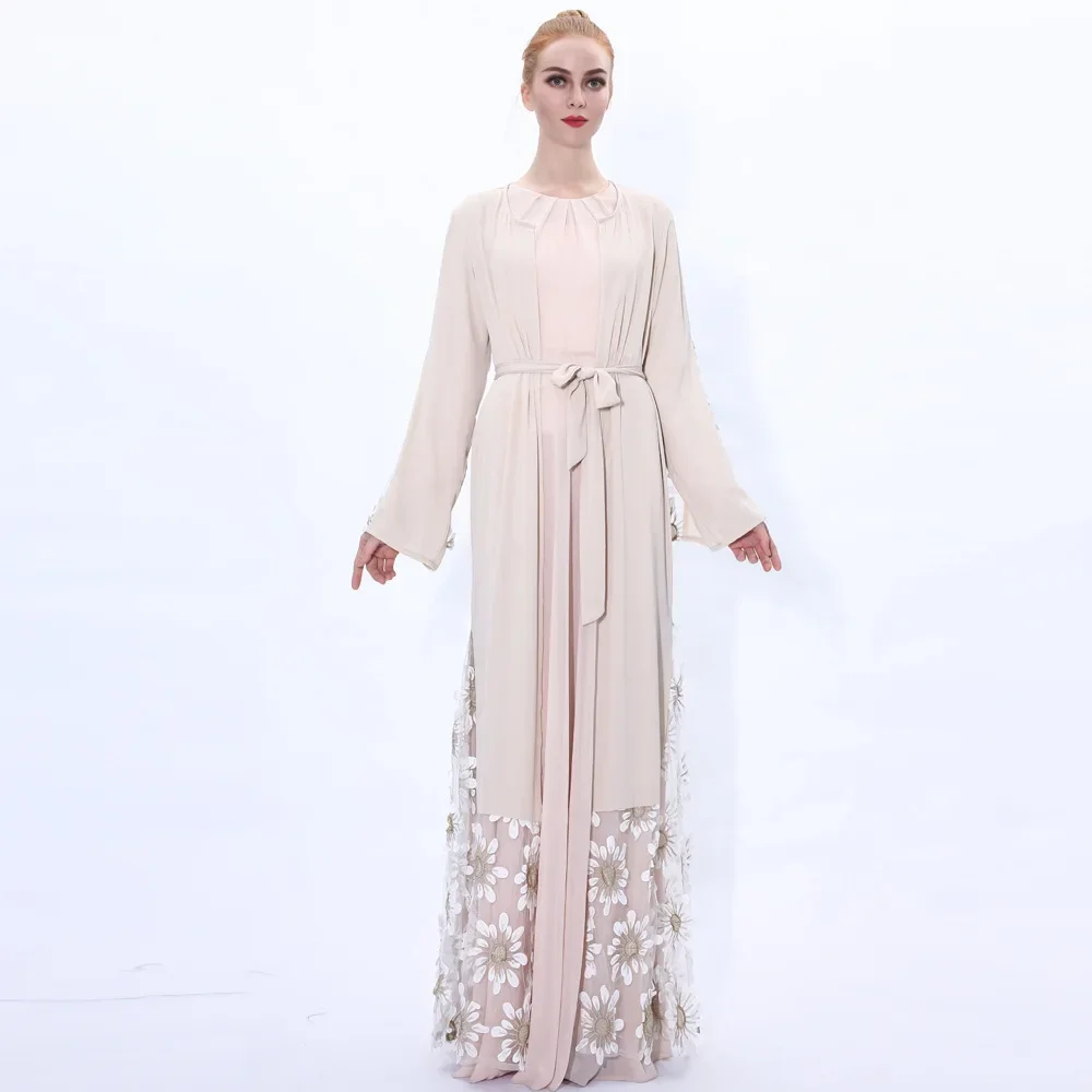 

Autumn Women Abaya Fashion Flared Sleeve Lace-up Fairy Dress Lace Patchwork Outerwear Dubai Muslim Dress Cardigan White Abaya