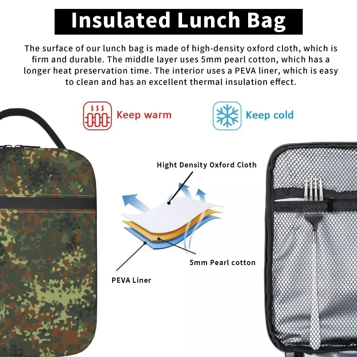 Flecktarn Camo Resuable Lunch Box Leakproof Military Army Camouflage Thermal Cooler Food Insulated Lunch Bag School Student