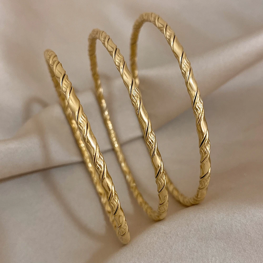 Freetry 3pcs Simple Gold Plated Stainless Steel Twisted Bracelets for Women Trendy Chic Bangles Waterproof Jewelry Accessories