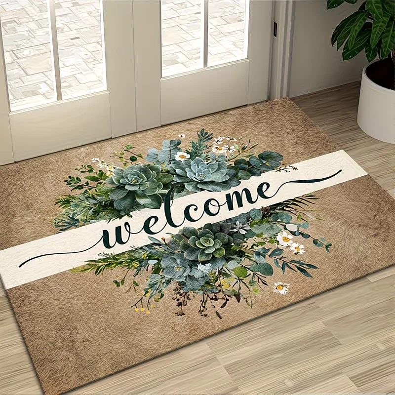 Welcome Doormat Beige & Green Botanical Floral Design with Succulents & Welcome Lettering Indoor Outdoor Entryway Mat
