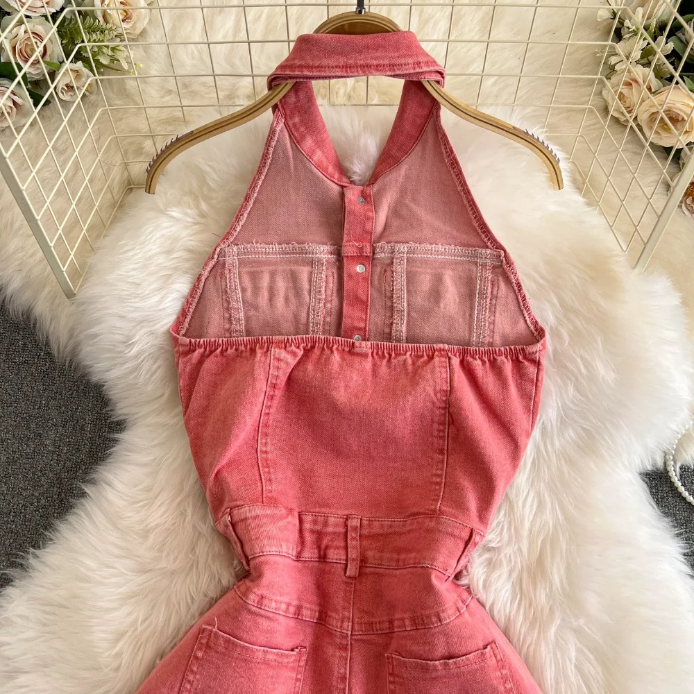 Neploe New Vintage Turn-down Collar Sleeveless Bodysuit Korea High Waist Elegant Jumpsuit Safari Style Denim Straight Ropa Mujer