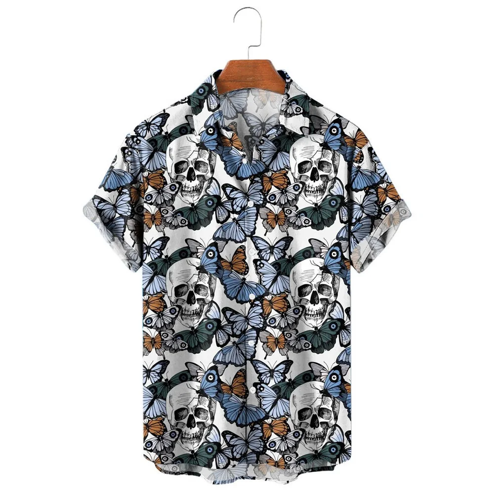 HX Fashion Men's Shirts Purple Floral Leaf Skull 3D Printed Casual Shirt Summer Short Sleeve Beach Shirts for Men Clothing