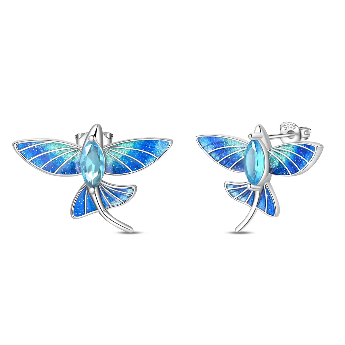 925 Sterling Silver flying fish Starry Sky Gradient Blue Dragonfly Stud Earrings For Women Fairy Forest Summer Jewelry Gift