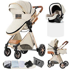 Luxus-Kinderwagen 3-in-1 mit Autositz, Neugeborenen-Sicherheitsgurt, Vielpunkt-Gurt, Vierrad-Kinderwagen, Stoßdämpfend, Faltbar, für Flugreisen und Langstrecken, mit Explosionsgeschützten EVA-Rädern
