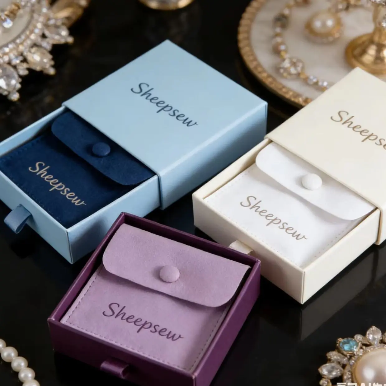 

Custom Logo Jewelry Box Set Microfiber Pouch Slide Drawer Paper Box With Foam For Earring Ring Necklace Packaging