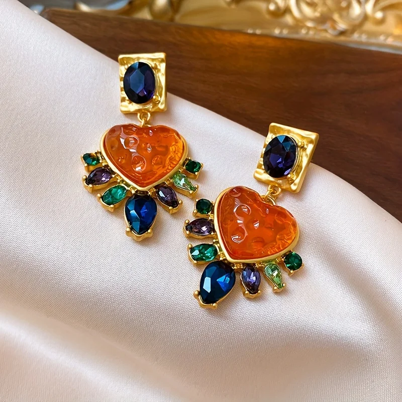 Vintage Exaggerated Exquisite Big Heart Glass Multi Color Crystal Stone Drop Earring Women Fashion Jewelry Accessories