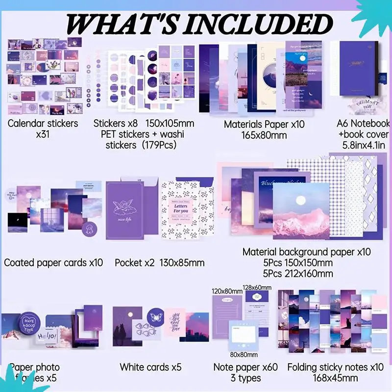 ABZW 696 шт. винтажный набор для скрапбукинга, набор принадлежностей для скрапбукинга, набор принадлежностей для мусорного журнала с сеткой A6 для ноутбука (лунный свет)