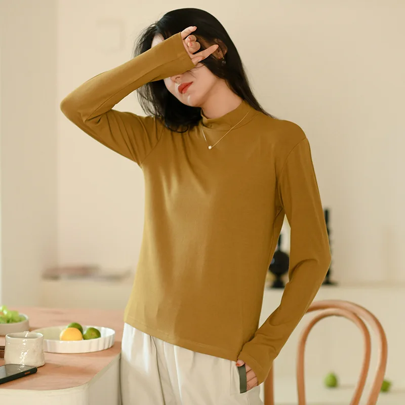 UMI MAO قميص نسائي ربيعي جديد بأكمام طويلة نصف الياقة المدورة قميص مرن للتخسيس ملابس خارجية نسائية تي شيرت علوي نسائي #3