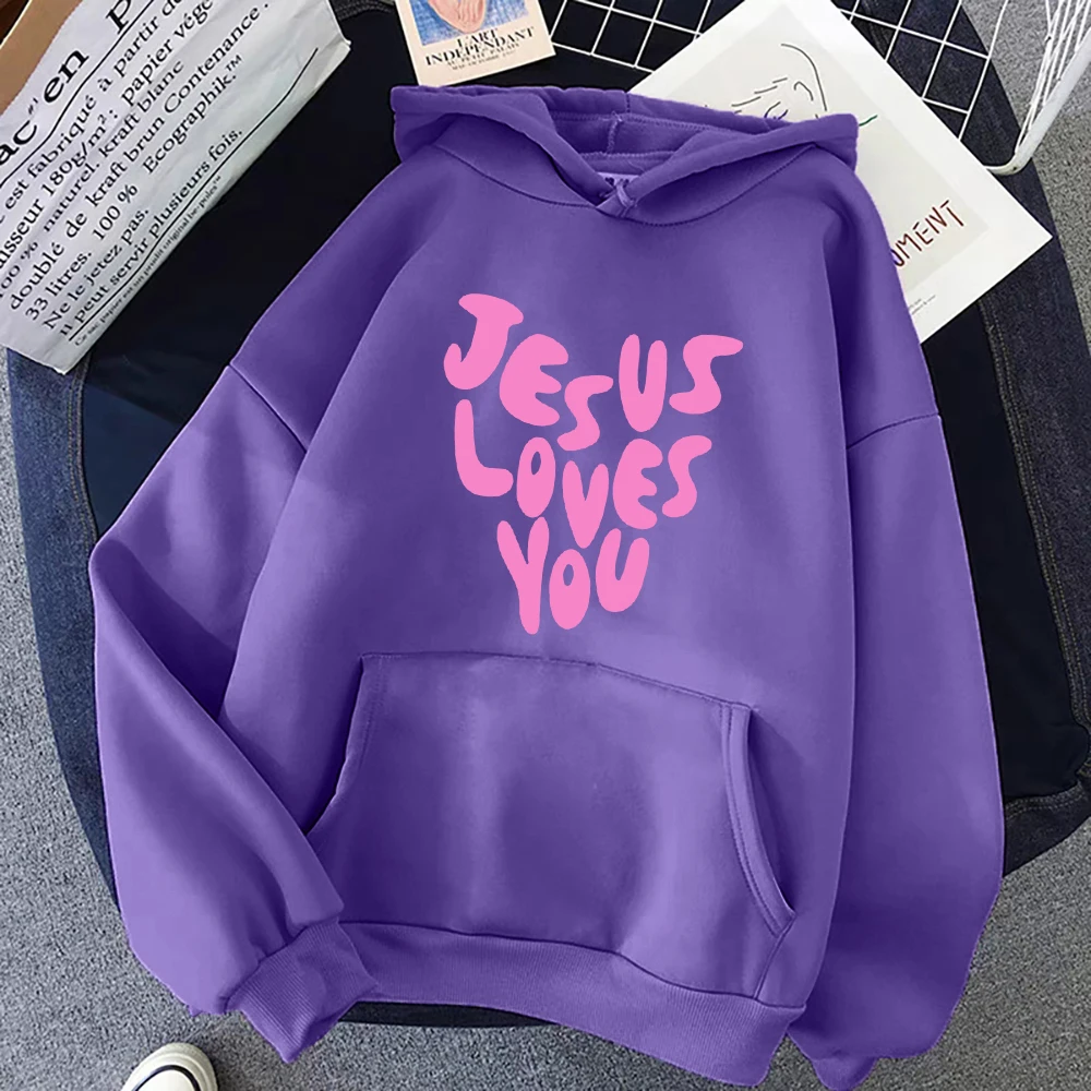 Jesus Loves Me Letter Funny Prints Hoodies Women Autumn Warm Sweatshirt Fleece All-Match Clothes Pocket Oversized Hoody