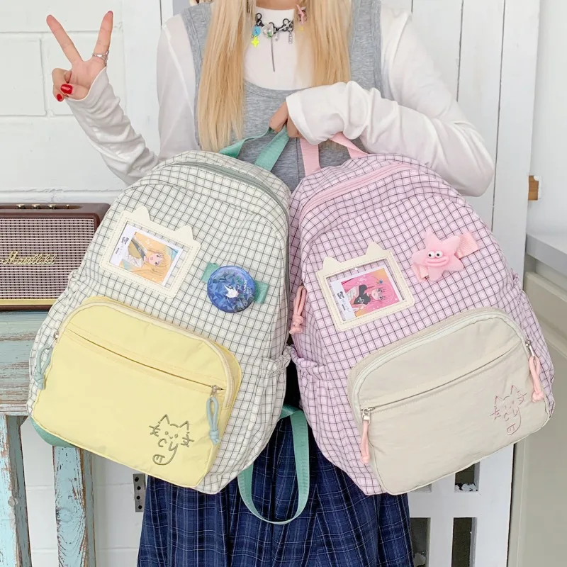 Teenage Girls Cute Backpack Middle School Student Schoolbag Cartoon Plaid Kawaii Backpack Large Capacity Book Bag Nylon Rucksack