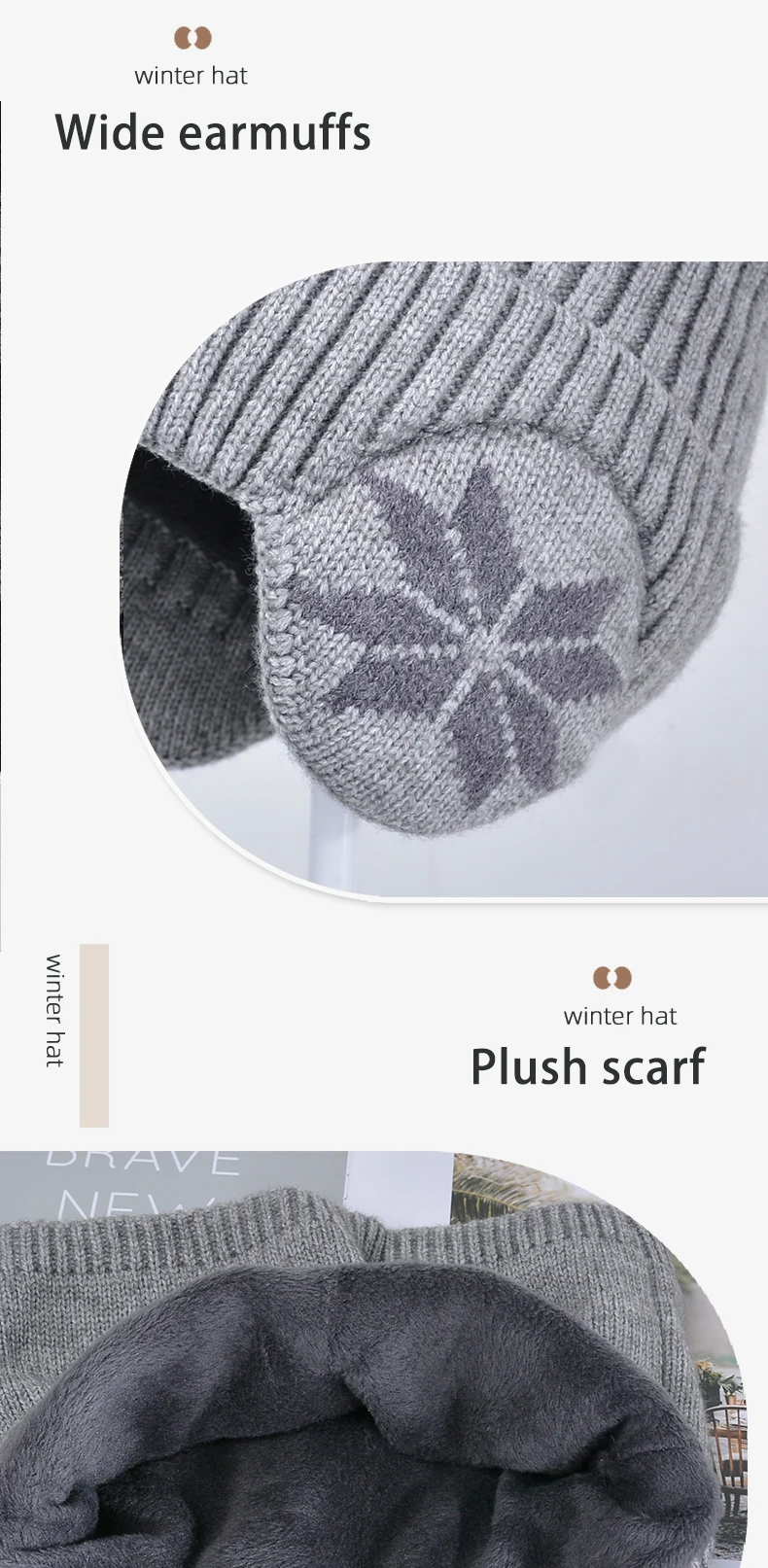 2-teiliges Set aus gestrickter Wintermütze und Schal für Kinder, Fleecefutter, Ohrenschutz, Beanie-Mütze, Nackenwärmer, warme Mütze für Jungen, offizielle Website – Detail 2