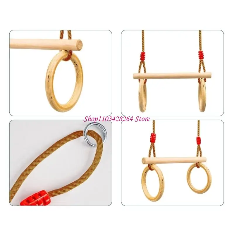 Multifunctional Children Wooden Trapeze Swing with Gymnastics Rings for Strength Training Indoor Outdoor Height Adjustable