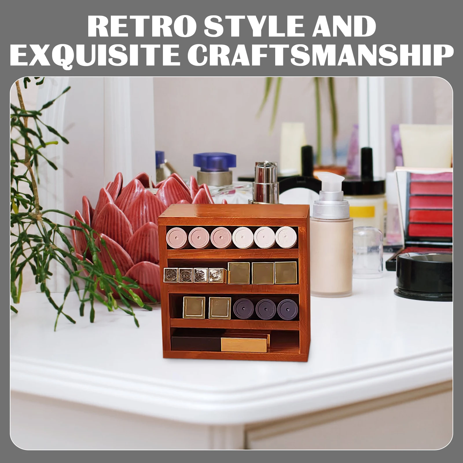 

Solid Wood Storage Box Cosmetics Organizer Drawer Desk Countertop Makeup Wooden Organizing Rack Lipstick Holder
