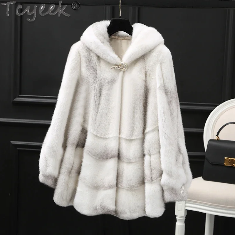 

Natural Tcyeek Mink Fur Coat Women Mid-length Real Jackets Woman Clothes Whole Cross Hooded Coats Winter Jacket 2024