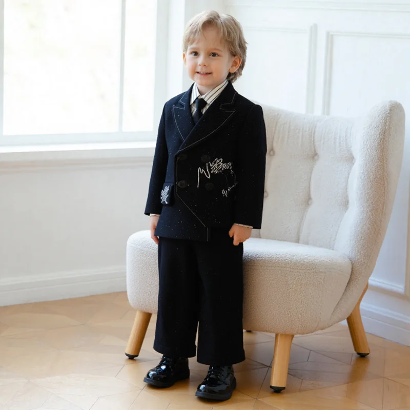 

Children's Vintage Star Embroidery Suit Set Boys Spring Autumn Fashion Blazer Set For Birthday Flower Boys Wedding Clothes