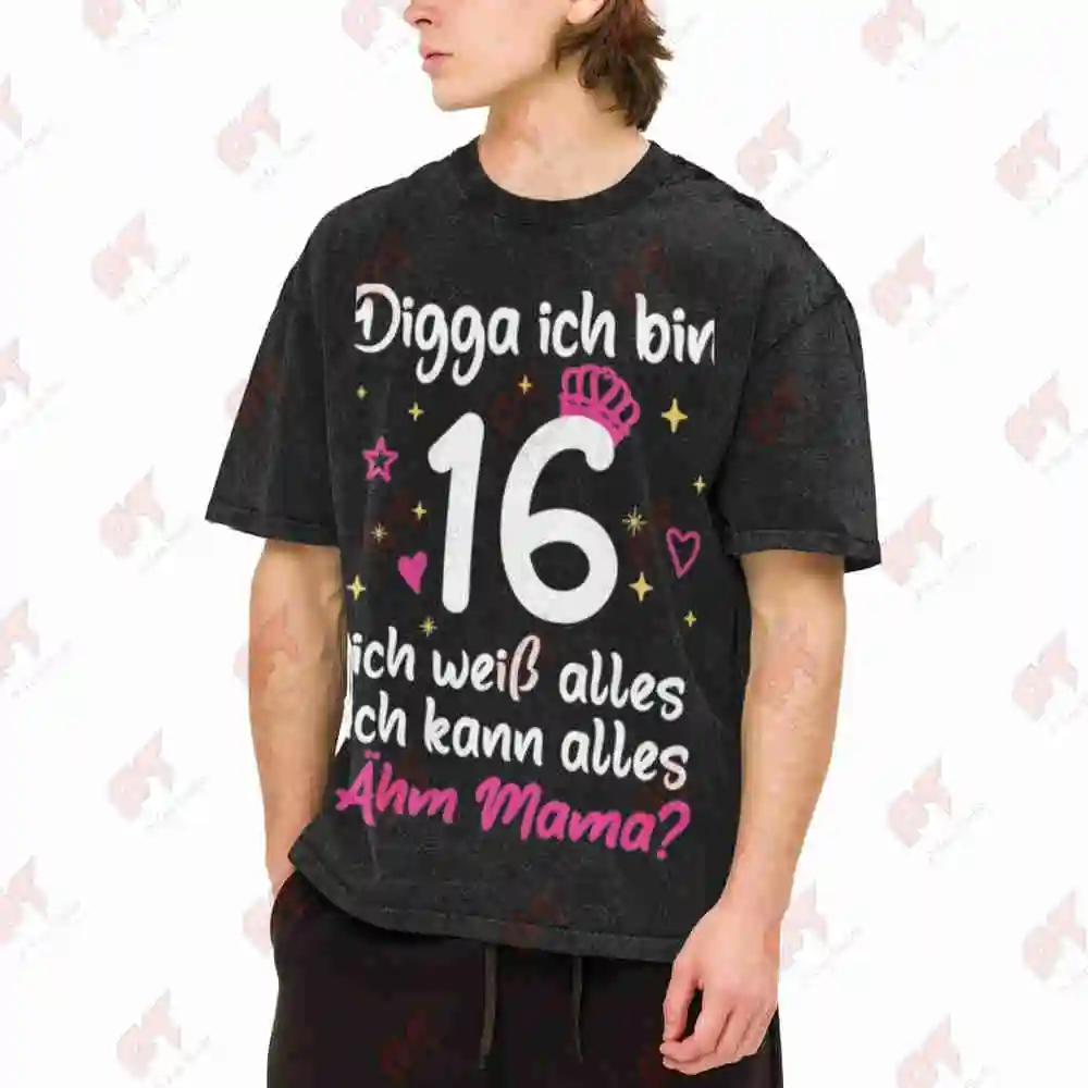 Digga 16th Birthday Sweet 16 German Vintage Washed Tee Pure Cotton T-Shirt