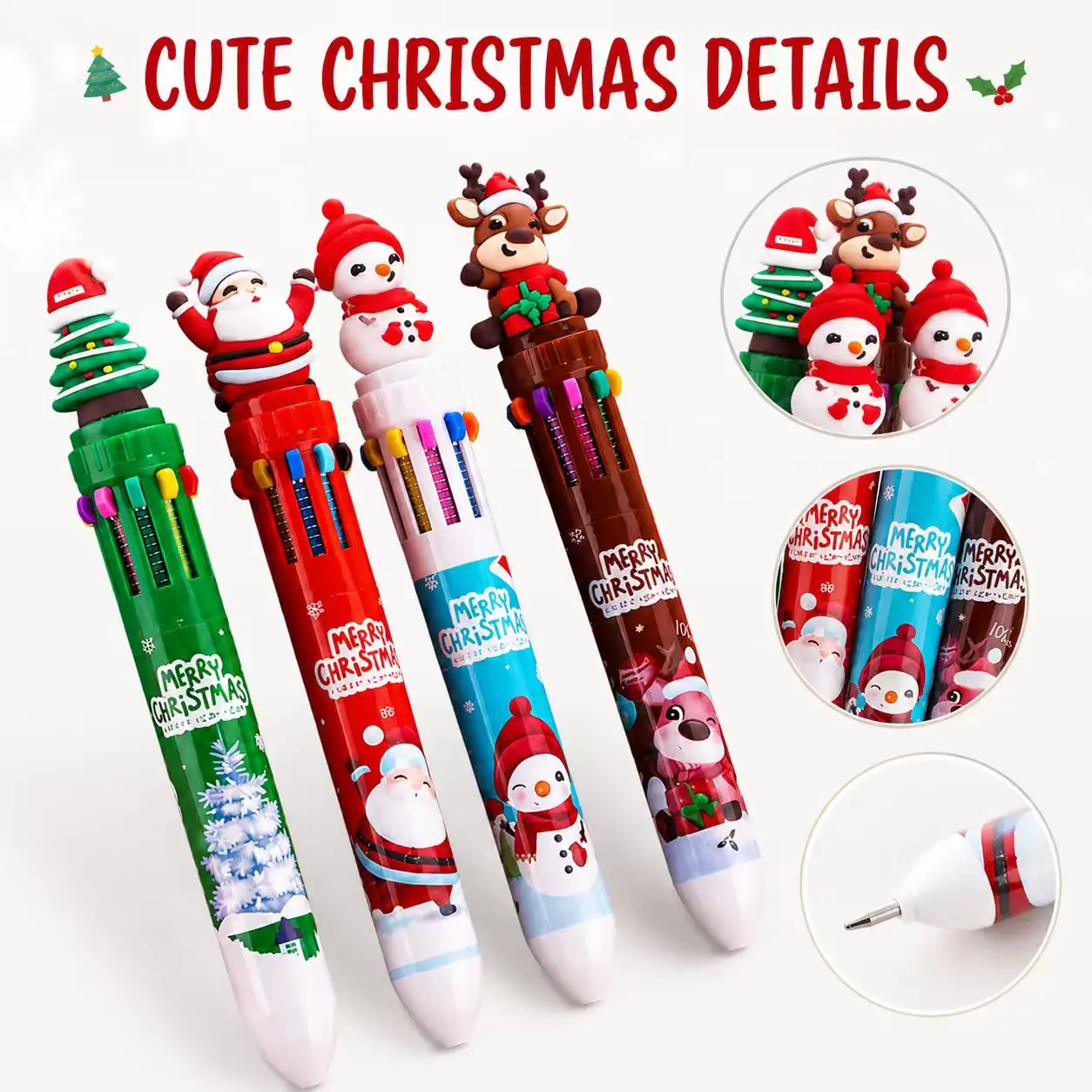 Christmas-Themed Ten-Color Ballpoint Pens, 3D Figurines on the Top, Various Styles Randomly Selected, Holiday Gifts, Party Favors, Children's and Student Stationery