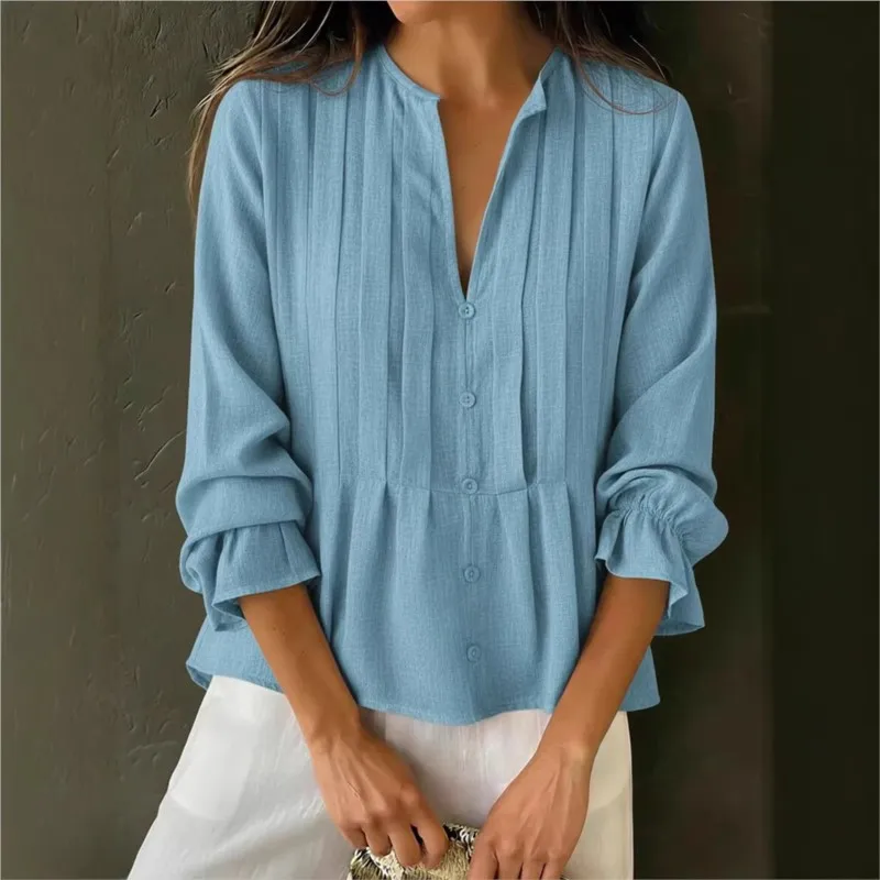

Fashion Casual Blouse Top 2026 Spring V-neck Striped Ruffled Solid color Buttons Loose Flared Sleeves Women's Versatile Shirts