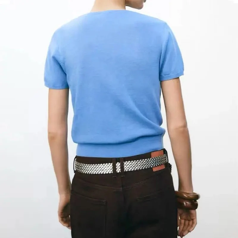 

Spring Women's Faion round Ne ort Sve Flat Needle Knitted Top Street Sle Polyester Fiber Simple Design Z