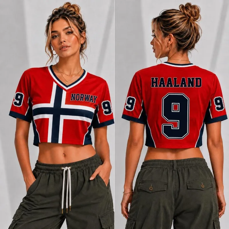 2026 Summer New Women Norway Style Print Sport Jersey Round Neck Short Sleeve Jersey Cheerleaders Crop Top Casual T-shirt