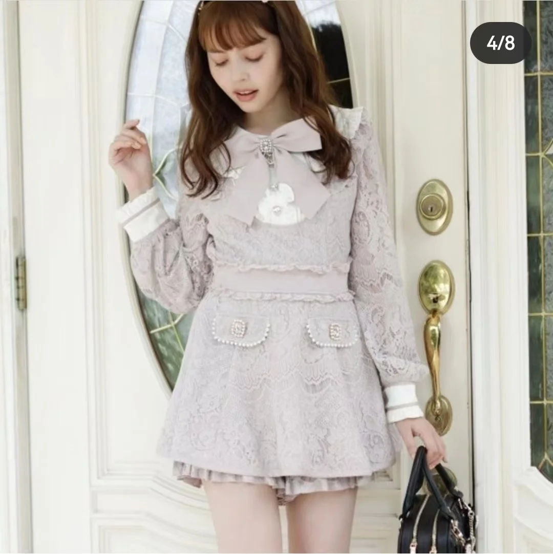 Japanese Autumn 2023 Mass-Produced Long Sleeve Bow Lace Dress + Shorts Two-Piece Set Liz Women\'s Lolita Sweet Shorts Set Outfits