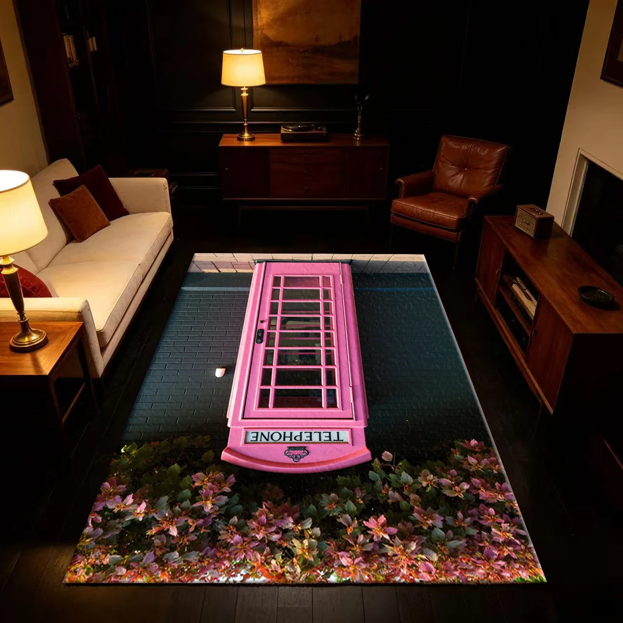 Retro Pink British-Style Telephone Booth, Equipped with a Non-Slip Floor Mat with a Climbing Vine Carpet Pattern
