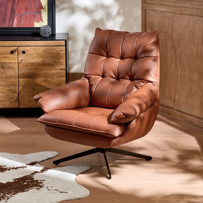 Leather retro single swivel chair sofa living room light luxury high-end rotating sofa chair antique balcony leisure chair