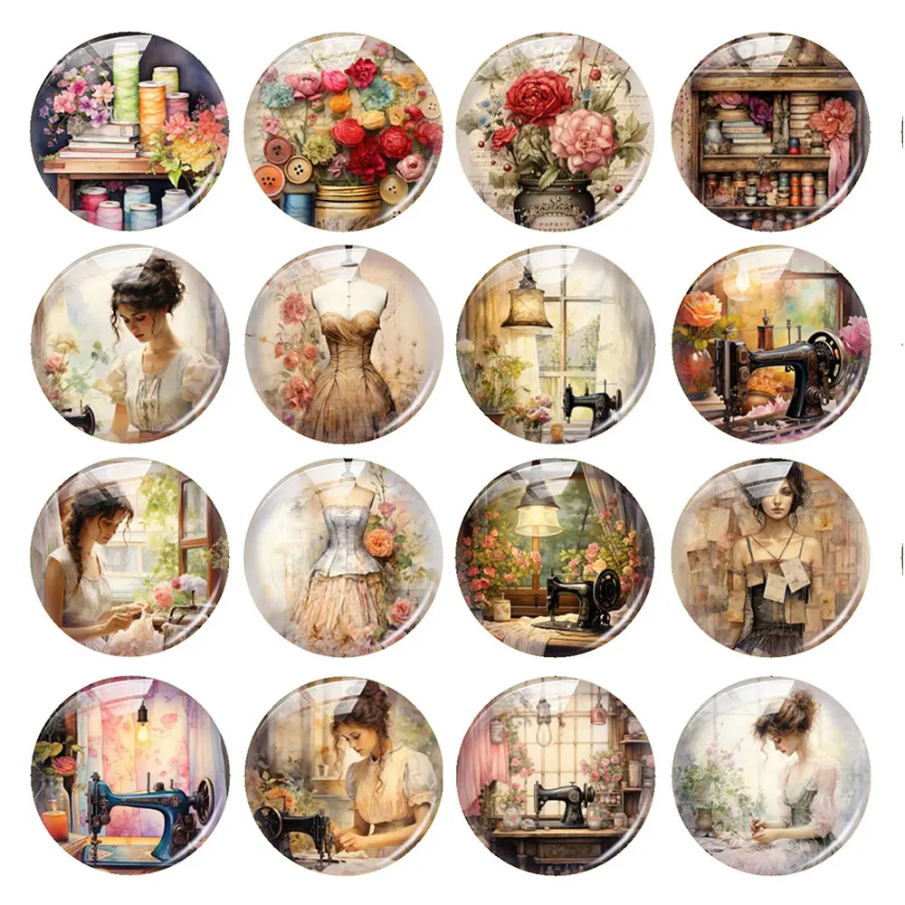 Random Mixed Round/Oval/Square Vintage Tailor Dressmaker Lady Photo Glass Cabochon Flatback Demo Cameo For Diy Jewelry Making