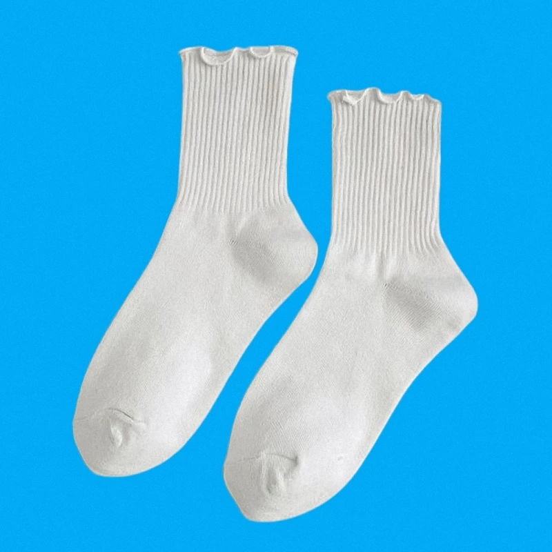 Chaussettes mi-tube décontractées en coton pour femmes, dentelle de document solide, empilées, bord d'oreille en bois, printemps, automne, été, nouveau, 5/10 paires