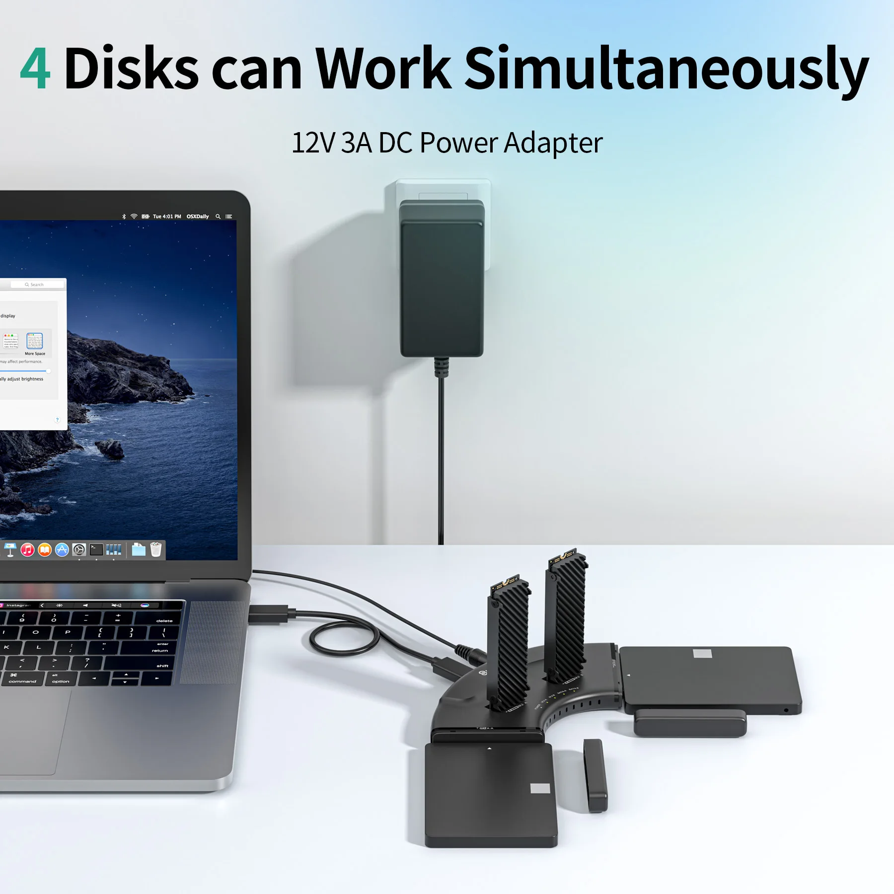 USB-C Dock HDD SSD de 4 unidades de 10Gbps con adaptador Dual M.2 NVMe SATA estaciones de acoplamiento de disco duro UASP TRIM para Windows Mac Linux